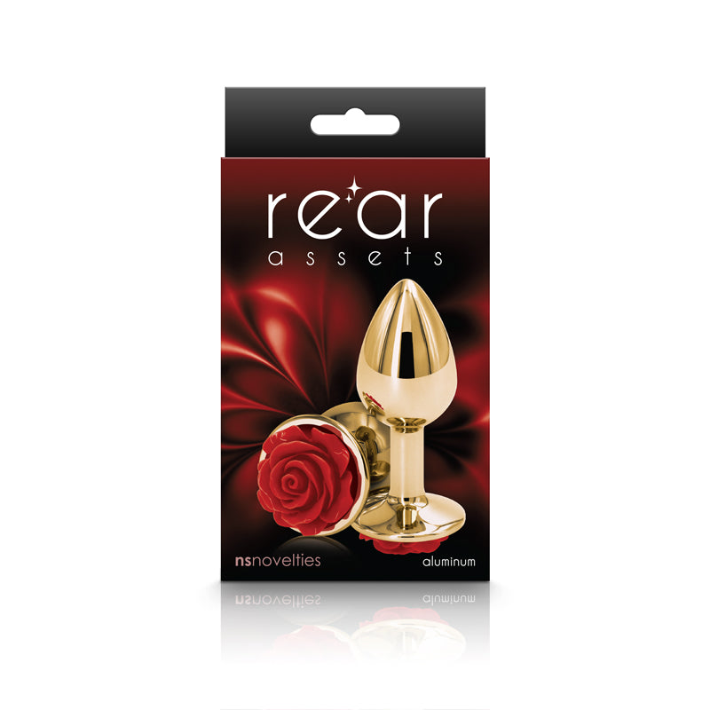 Rear Assets Rose Small Gold 7.6 Cm Metal Butt Plug With Red Rose Base