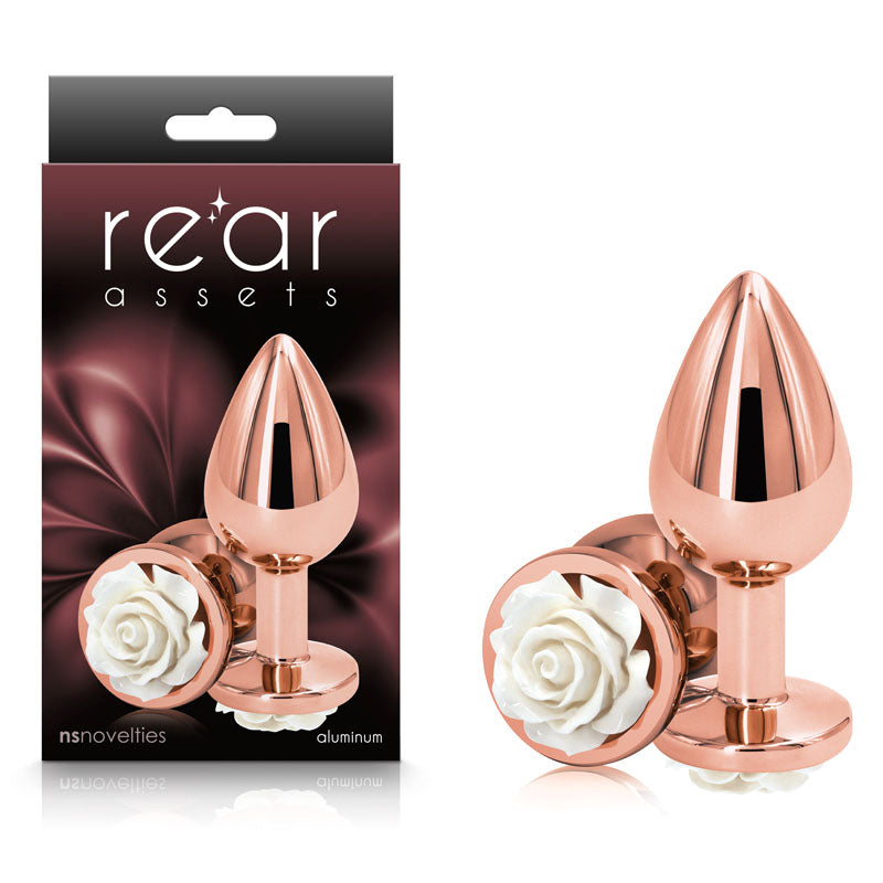 Rear Assets Rose Medium Rose Gold 8.9 Cm Metal Butt Plug With White Rose Base