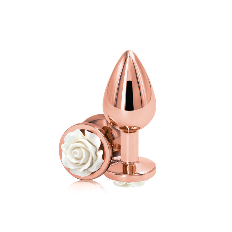 Rear Assets Rose Medium Rose Gold 8.9 Cm Metal Butt Plug With White Rose Base