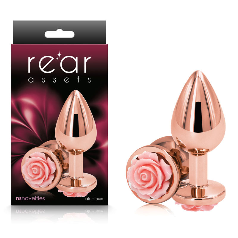 Rear Assets Rose Medium Rose Gold 8.9 Cm Metal Butt Plug With Pink Rose Base
