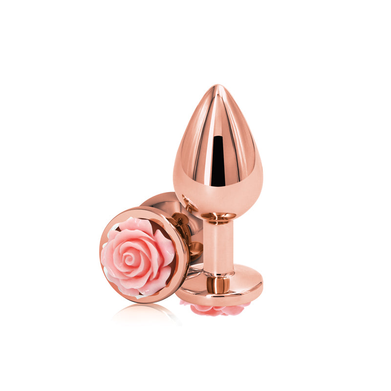 Rear Assets Rose Medium Rose Gold 8.9 Cm Metal Butt Plug With Pink Rose Base