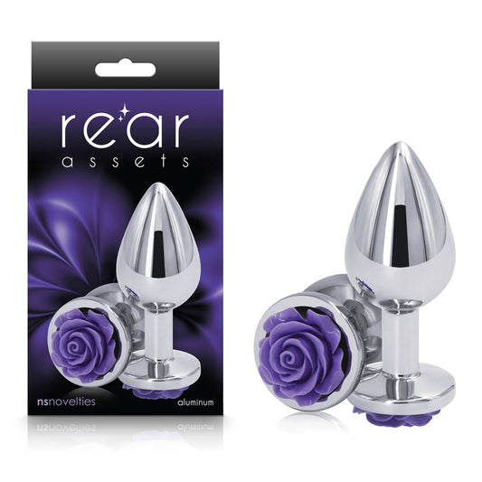 Rear Assets Rose Medium Chrome 8.9 Cm Metal Butt Plug With Purple Rose Base