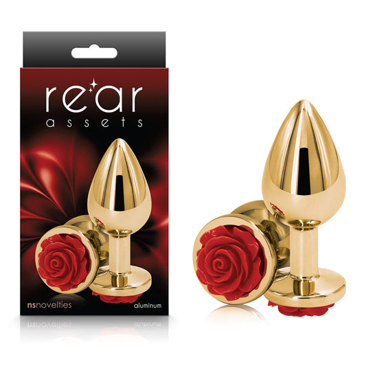 Rear Assets Rose Medium Gold 8.9 Cm Metal Butt Plug With Red Rose Base