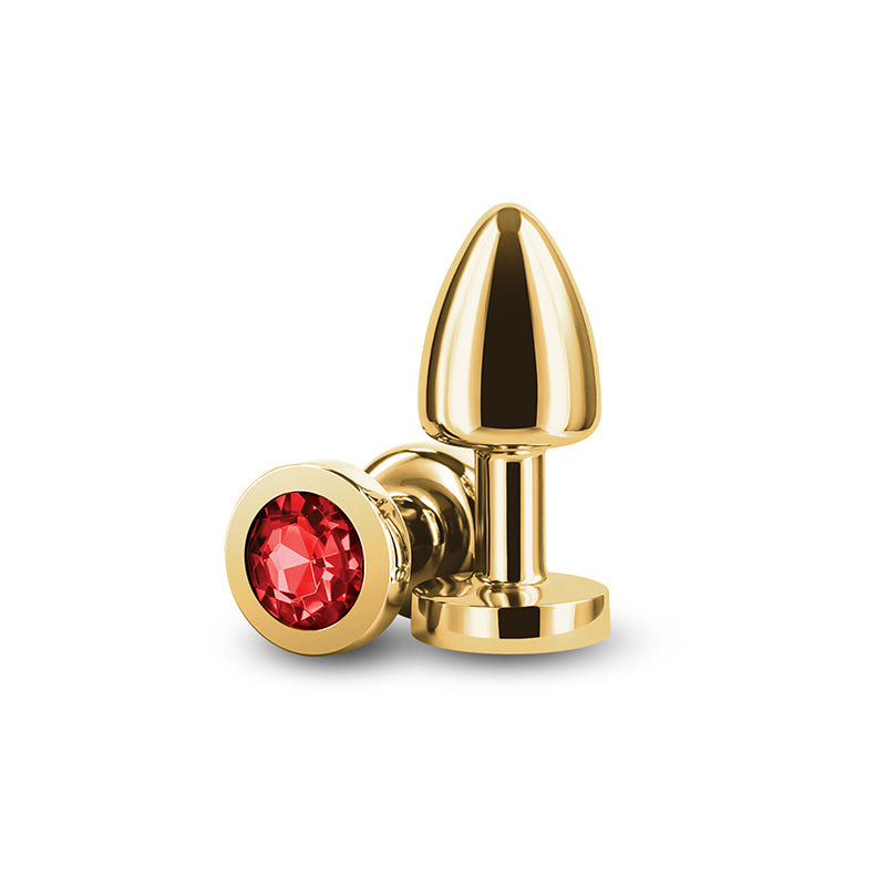 Rear Assets Petite Gold With Red Gem Gold 6 Cm Metal Butt Plug With Red Round Gem Base