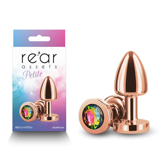 Rear Assets Petite Rose Gold With Rainbow Gem Rose Gold 6 Cm Metal Butt Plug With Rainbow Round Gem Base