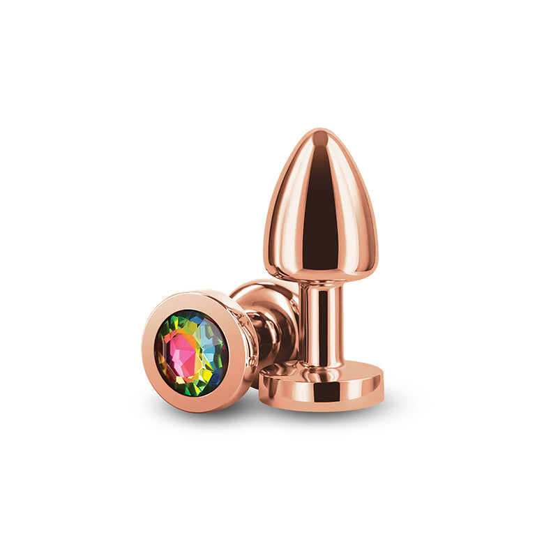 Rear Assets Petite Rose Gold With Rainbow Gem Rose Gold 6 Cm Metal Butt Plug With Rainbow Round Gem Base