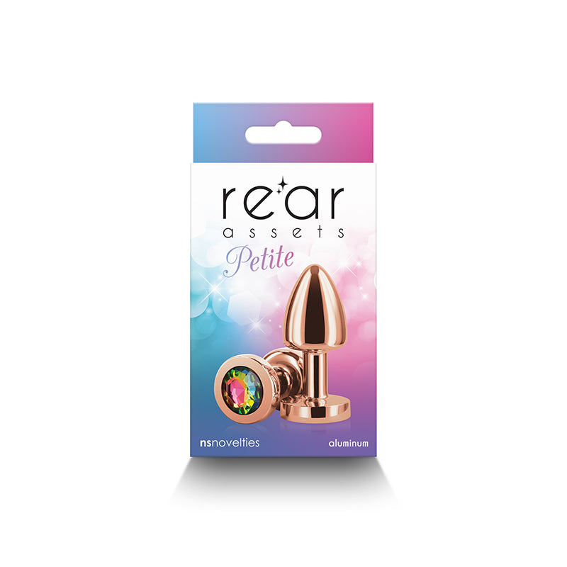 Rear Assets Petite Rose Gold With Rainbow Gem Rose Gold 6 Cm Metal Butt Plug With Rainbow Round Gem Base