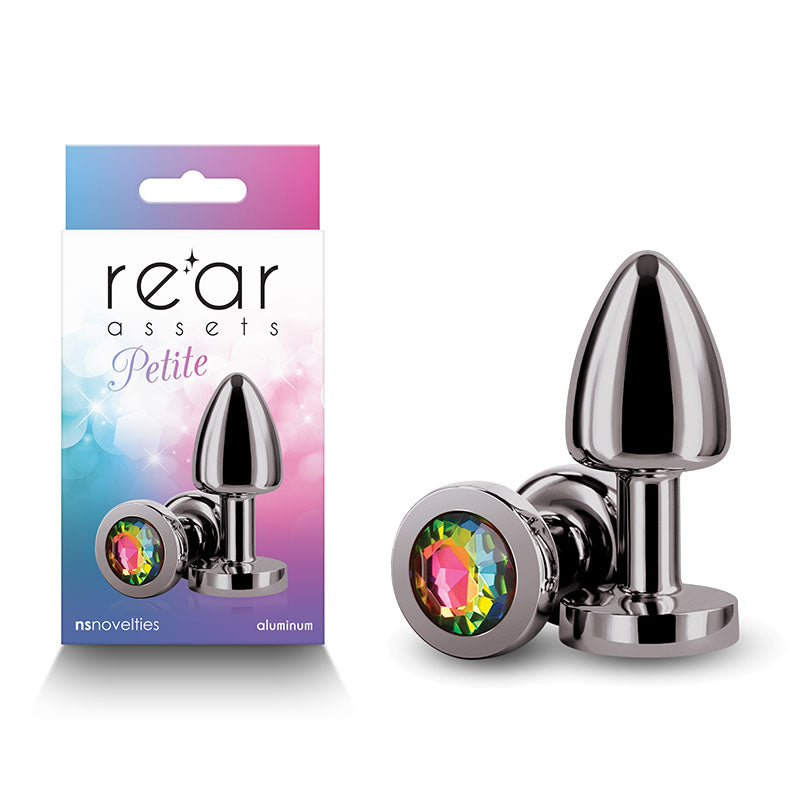 Rear Assets Petite Gunmetal With Rainbow Gem Gunmetal 6 Cm Metal Butt Plug With Rainbow Round Gem Base