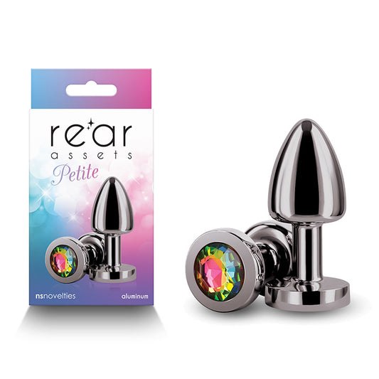 Rear Assets Petite Gunmetal With Rainbow Gem Gunmetal 6 Cm Metal Butt Plug With Rainbow Round Gem Base