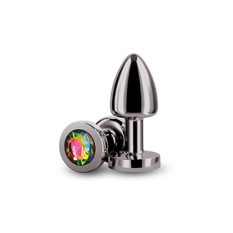 Rear Assets Petite Gunmetal With Rainbow Gem Gunmetal 6 Cm Metal Butt Plug With Rainbow Round Gem Base