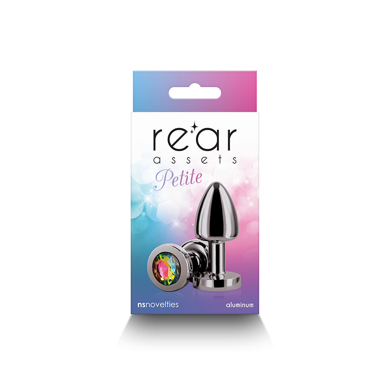 Rear Assets Petite Gunmetal With Rainbow Gem Gunmetal 6 Cm Metal Butt Plug With Rainbow Round Gem Base
