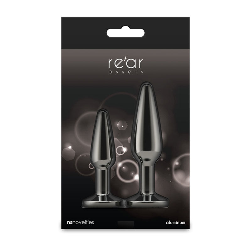 Rear Assets Tapered Trainer Kit Gunmetal Gunmetal Grey Metal Butt Plugs Set Of 2 Sizes
