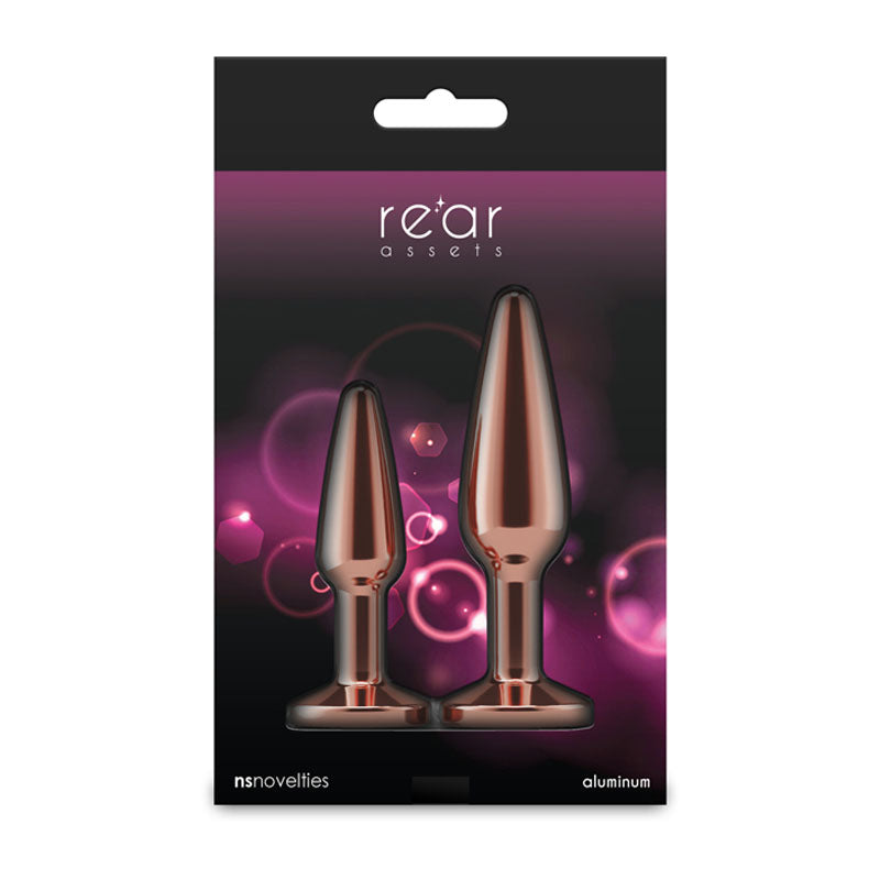 Rear Assets Tapered Trainer Kit Rose Gold Rose Gold Metal Butt Plugs Set Of 2 Sizes