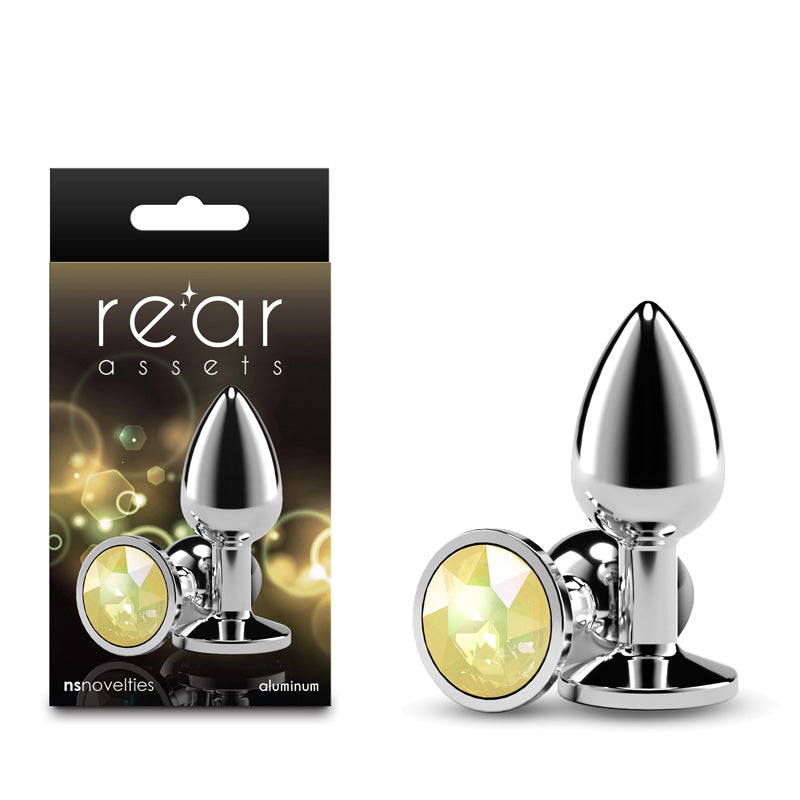 Rear Assets Silver Small Yellow Gem Silver Small Metal Butt Plug With Yellow Gem Base