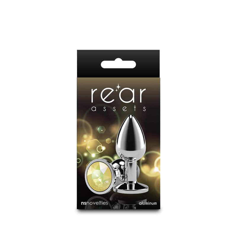 Rear Assets Silver Small Yellow Gem Silver Small Metal Butt Plug With Yellow Gem Base