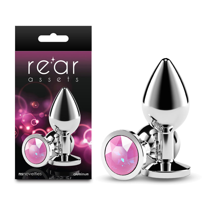 Rear Assets Silver Medium Pink Gem Silver Medium Metal Butt Plug With Pink Gem Base