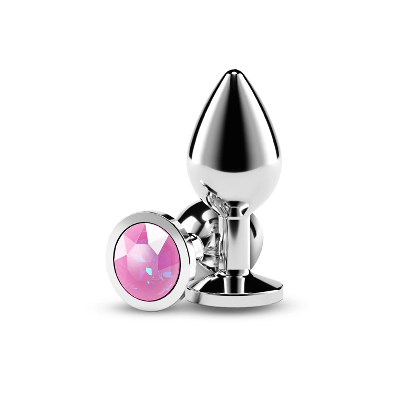 Rear Assets Silver Medium Pink Gem Silver Medium Metal Butt Plug With Pink Gem Base