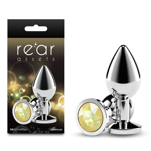 Rear Assets Silver Medium Yellow Gem Silver Medium Metal Butt Plug With Yellow Gem Base