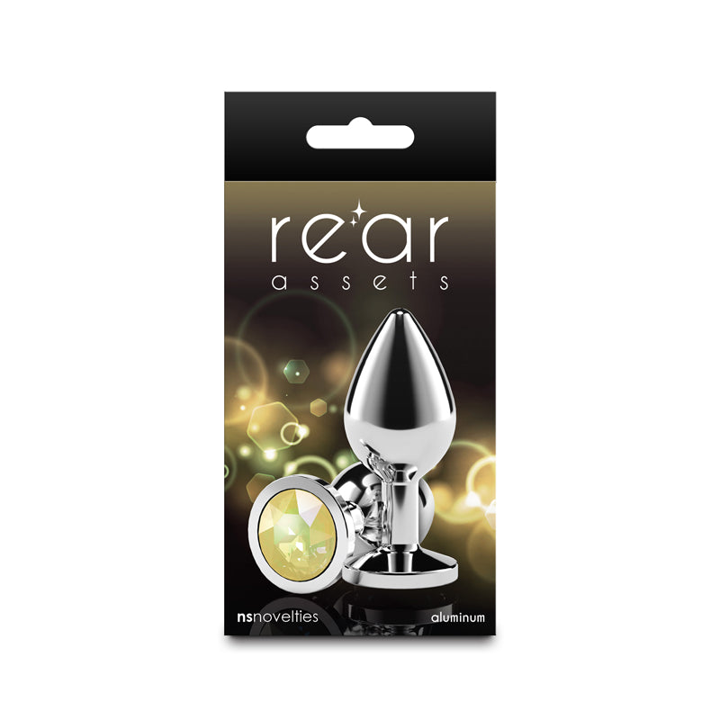 Rear Assets Silver Medium Yellow Gem Silver Medium Metal Butt Plug With Yellow Gem Base