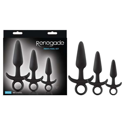 Renegade Men's Tool Kit Black Butt Plugs With Ring Pulls Set Of 3 Sizes
