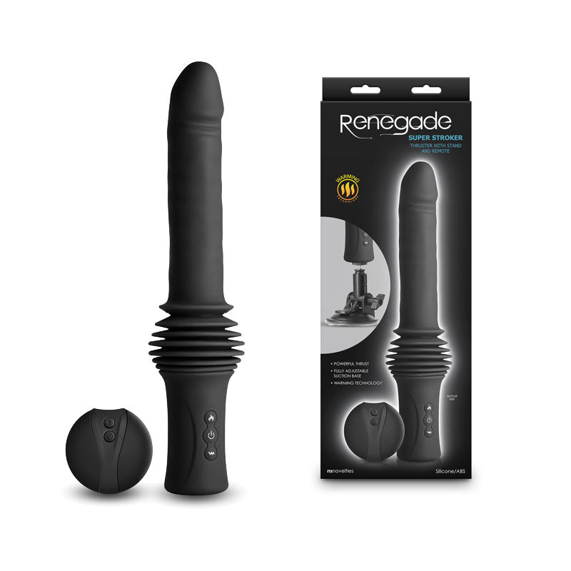 Renegade Super Stroker Black Black 36.8 Cm Usb Rechargeable Thrusting Vibrator With Remote Control & Stand