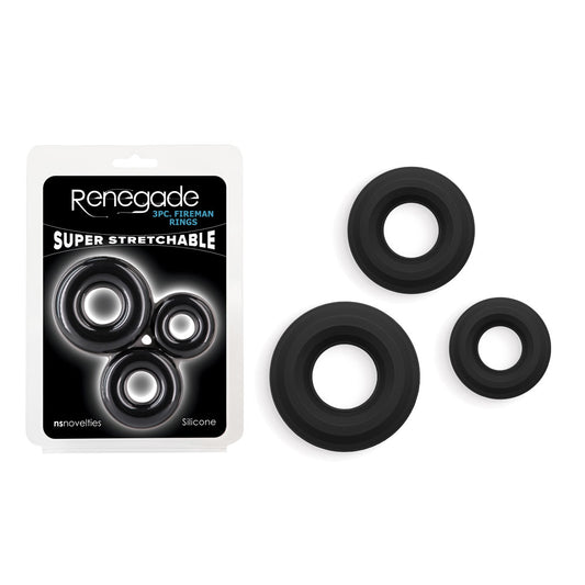 Renegade 3pc Fireman Rings Black Black Cock Rings Set Of 3 Sizes