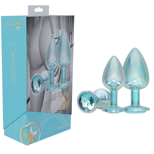 Ouch! Paris Collection Metal Anal Plug Set Blue Metallic Blue Butt Plugs With Gem Bases Set Of 3 Sizes