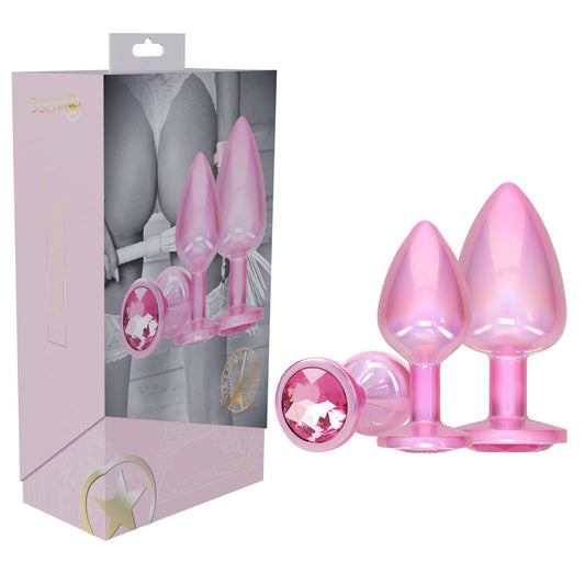 Ouch! Paris Collection Metal Anal Plug Set Pink Metallic Pink Butt Plugs With Gem Bases Set Of 3 Sizes