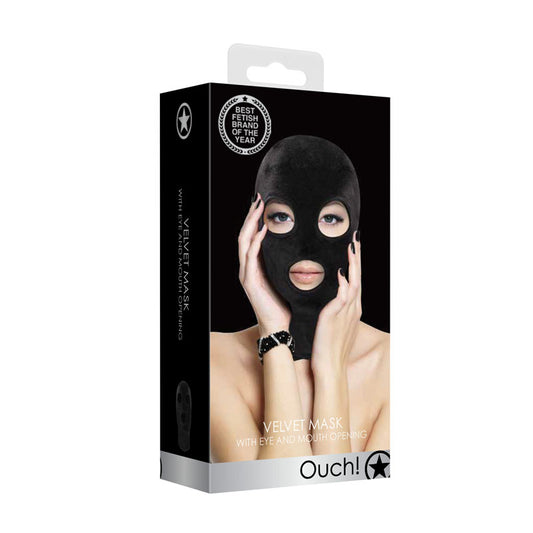 Ouch! Velvet & Velcro Mask With Eye And Mouth Opening Black Hood
