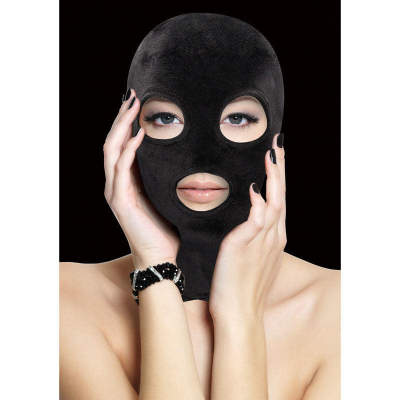 Ouch! Velvet & Velcro Mask With Eye And Mouth Opening Black Hood