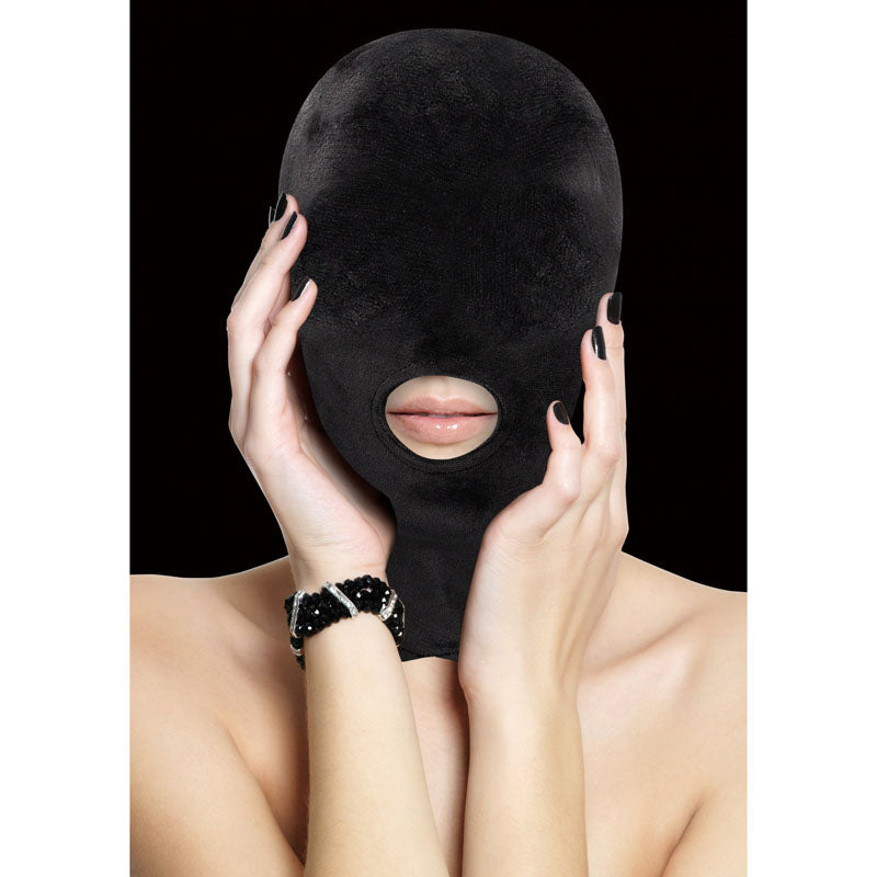 Ouch! Velvet & Velcro Mask With Mouth Opening Black Hood