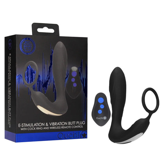 Ouch! E Stim & Vibrating Butt Plug Cock Ring Black Usb Rechargeable Vibrating Butt Plug & Cock Ring With E Stim