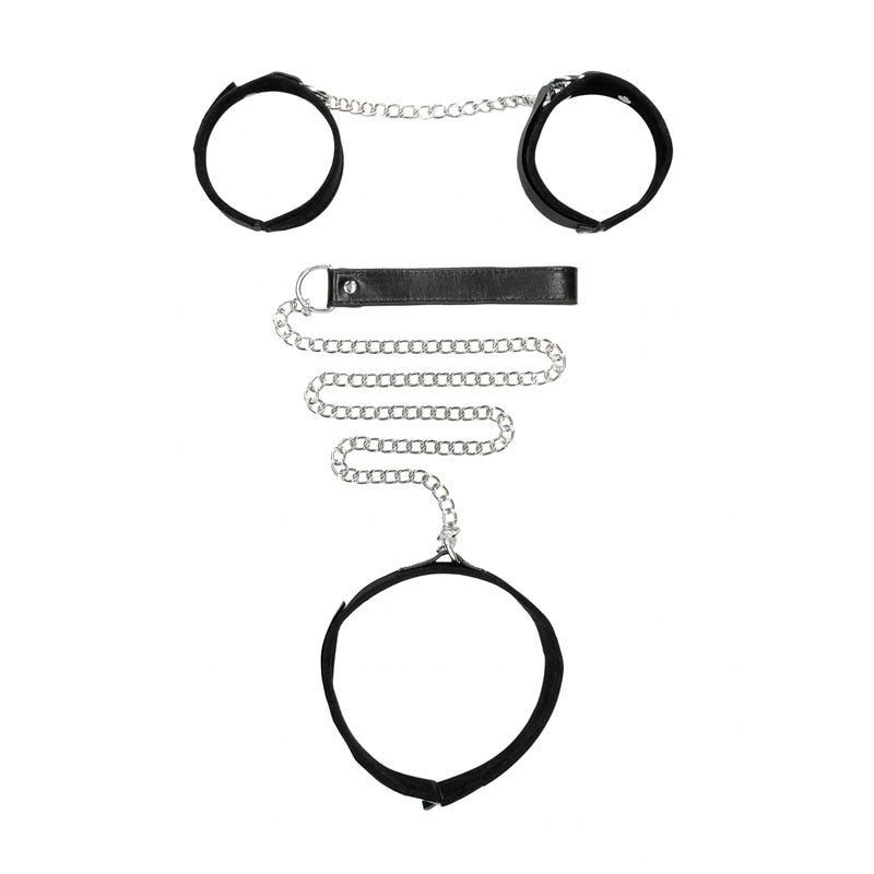 Ouch! Bw Velcro Collar With Leash And Hand Cuffs Black Restraints