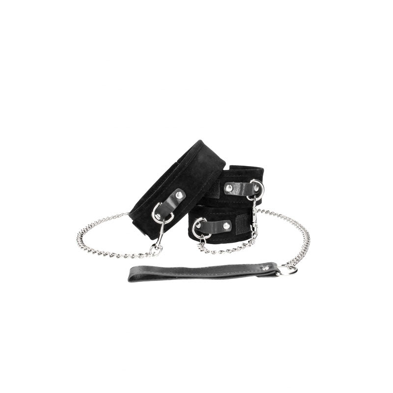 Ouch! Bw Velcro Collar With Leash And Hand Cuffs Black Restraints