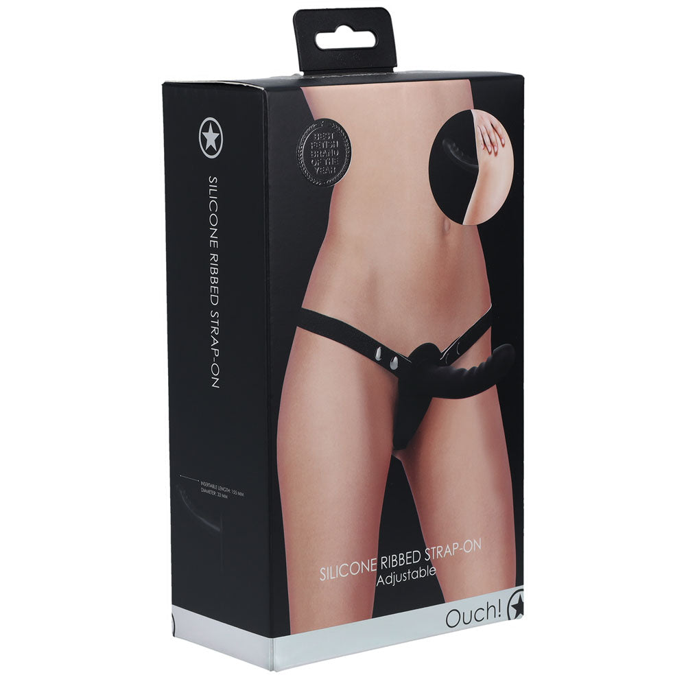 Ouch! Silicone Ribbed Strap On Black Black Strap On