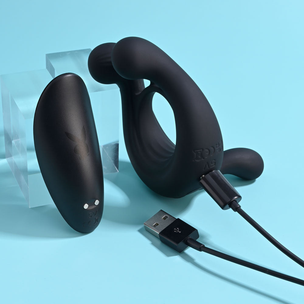 Playboy Pleasure Triple Play Black Usb Rechargeable Cock Ring With Wireless Remote