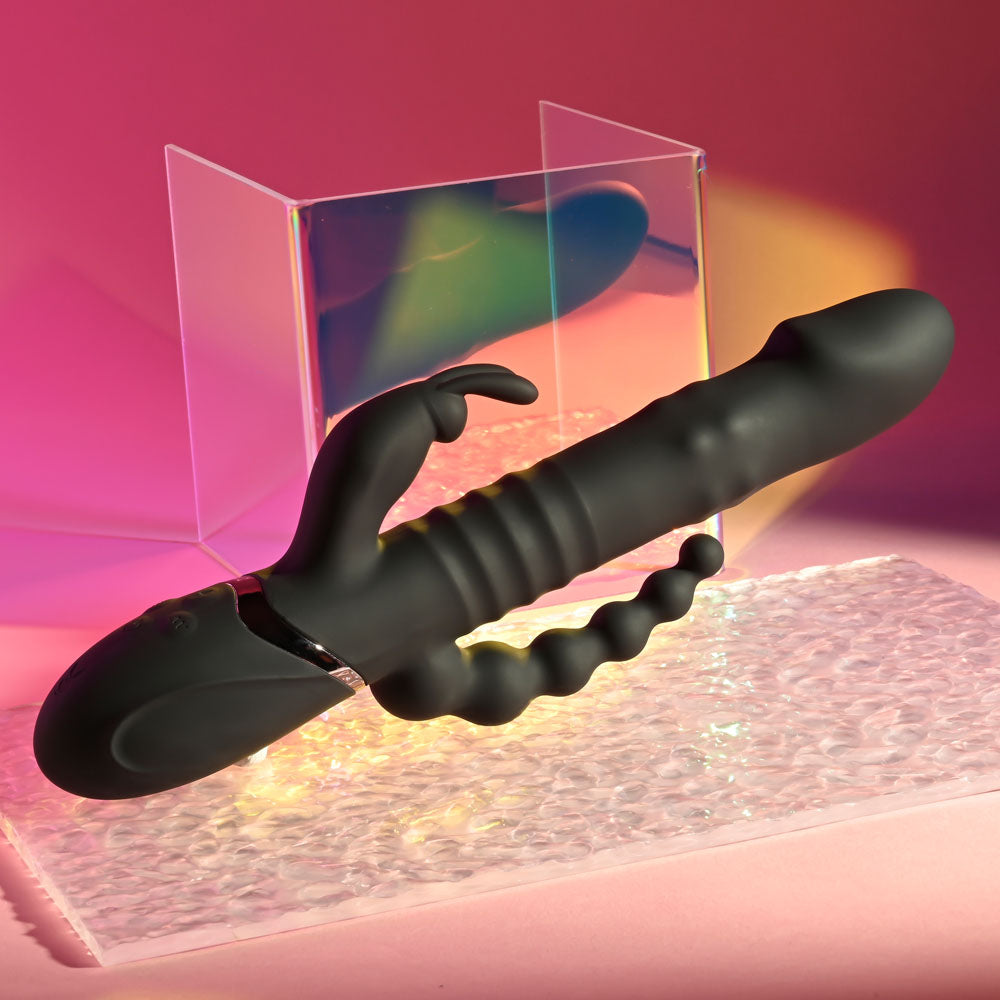 Playboy Pleasure Big Bunny Energy Black 26.2 Cm Usb Rechargeable Rabbit Vibrator With Anal Beads