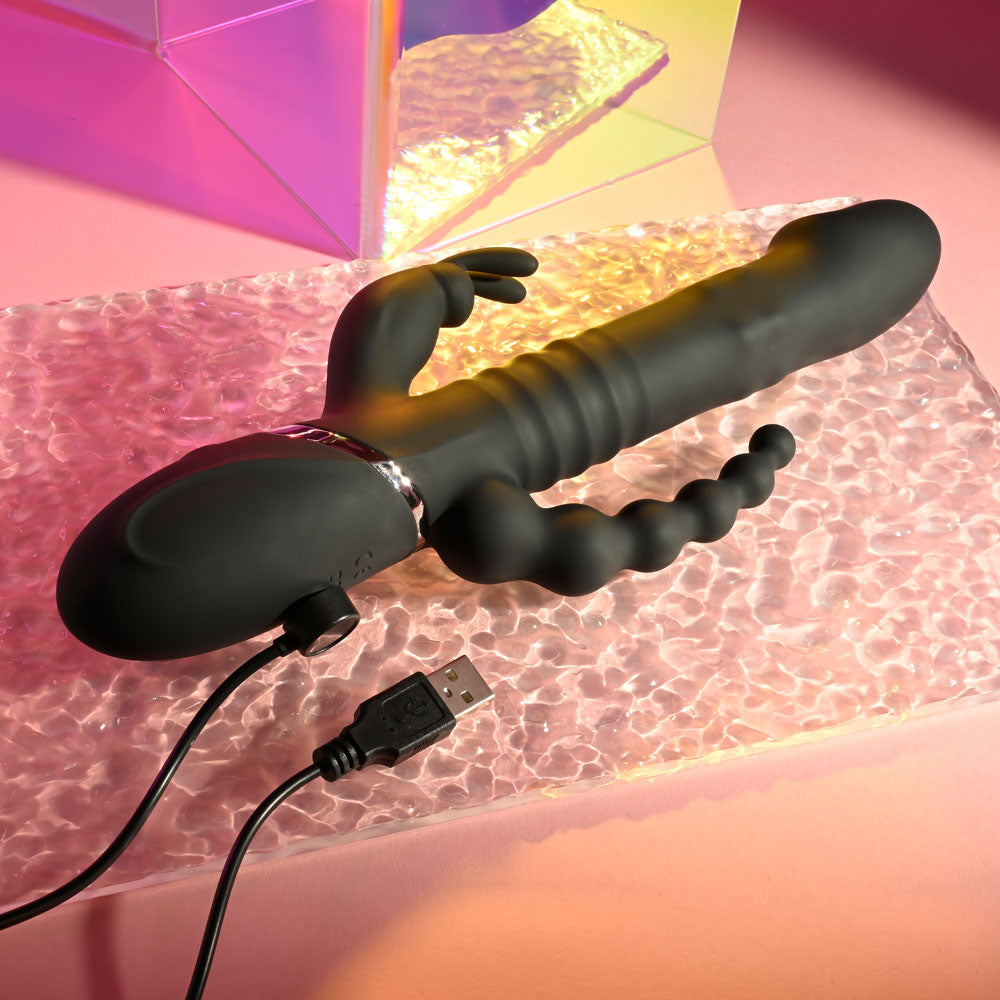 Playboy Pleasure Big Bunny Energy Black 26.2 Cm Usb Rechargeable Rabbit Vibrator With Anal Beads