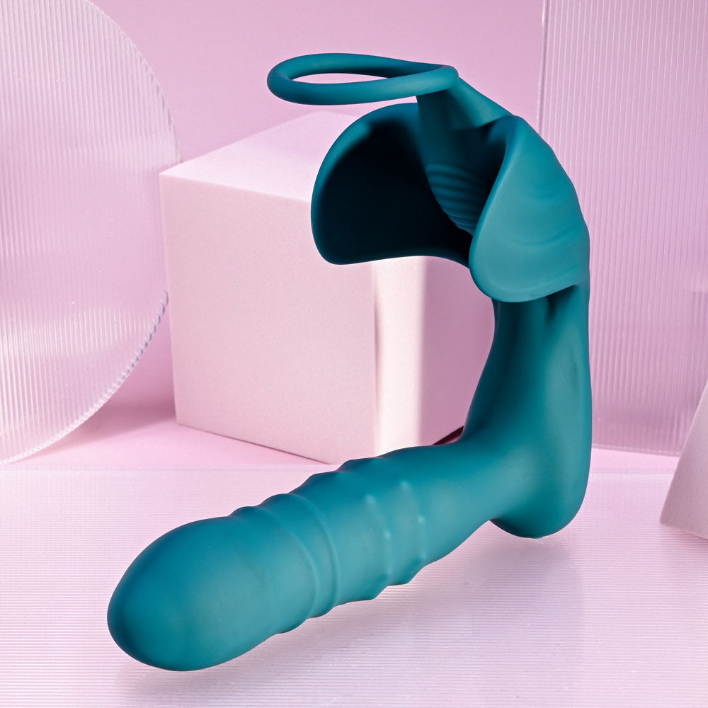 Playboy Pleasure Bring It On Teal Usb Rechargeable Thrusting Anal Plug With Cock Ring