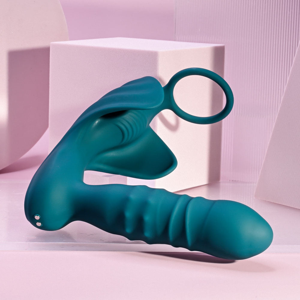 Playboy Pleasure Bring It On Teal Usb Rechargeable Thrusting Anal Plug With Cock Ring