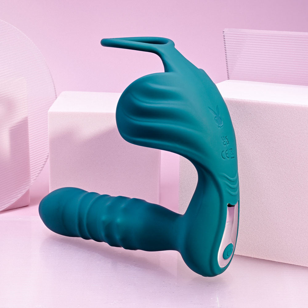 Playboy Pleasure Bring It On Teal Usb Rechargeable Thrusting Anal Plug With Cock Ring