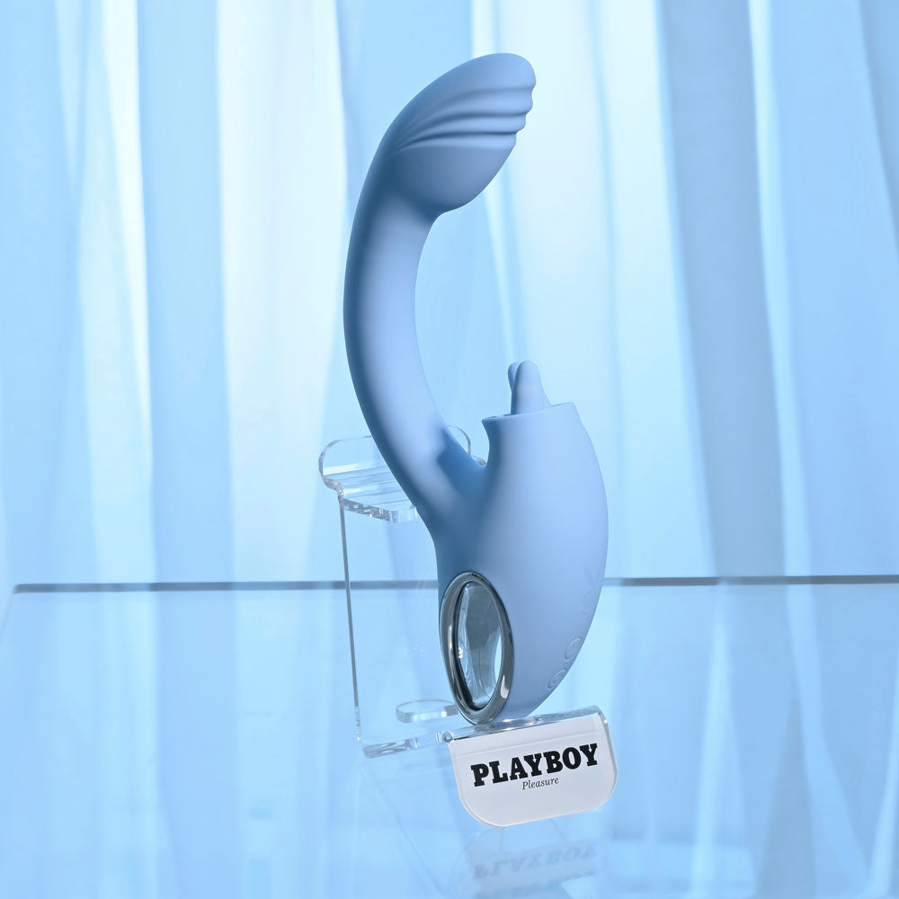 Playboy Pleasure Sapphire Sky Blue 21.6 Cm Usb Rechargeable Vibrator With Double Tongue Stimulator