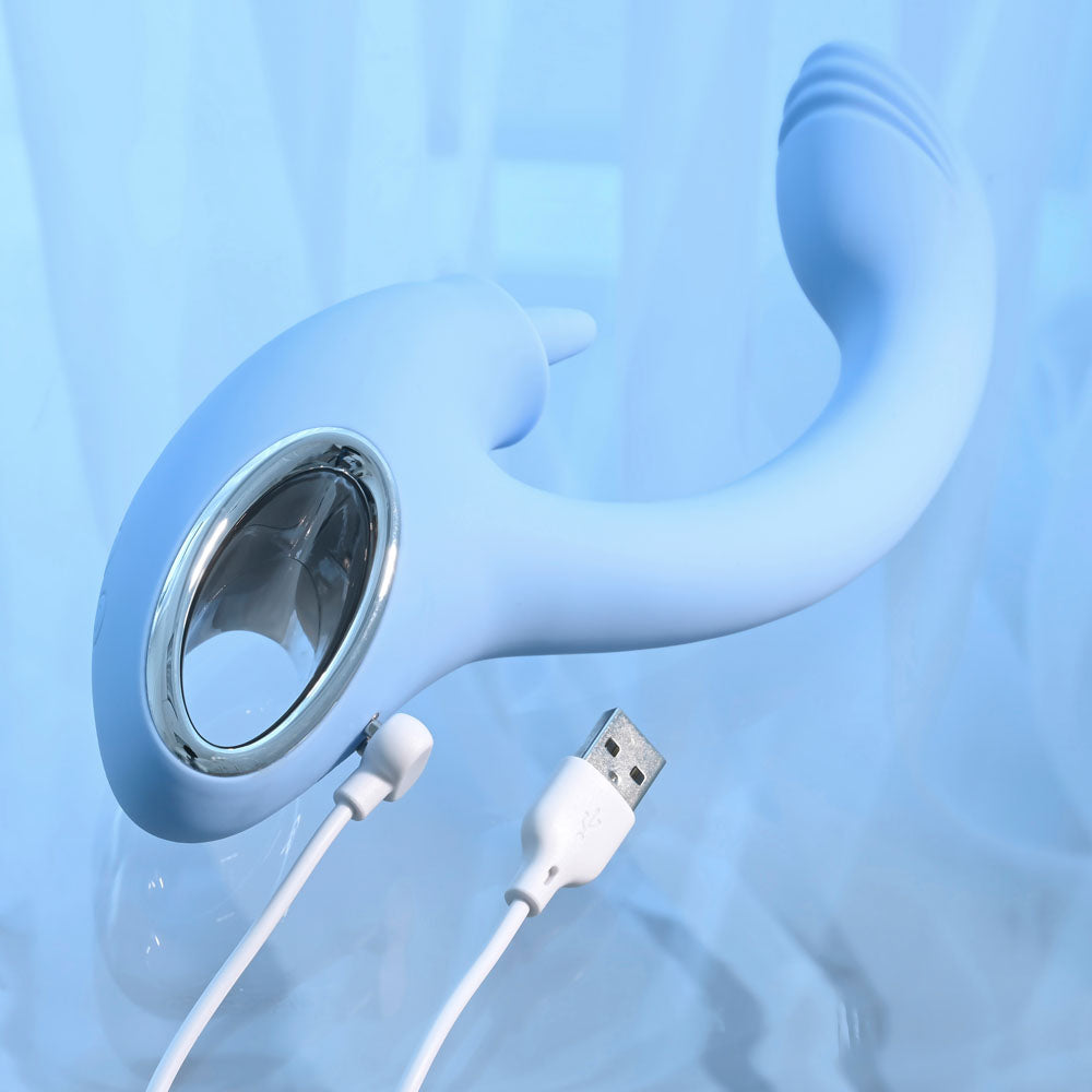 Playboy Pleasure Sapphire Sky Blue 21.6 Cm Usb Rechargeable Vibrator With Double Tongue Stimulator