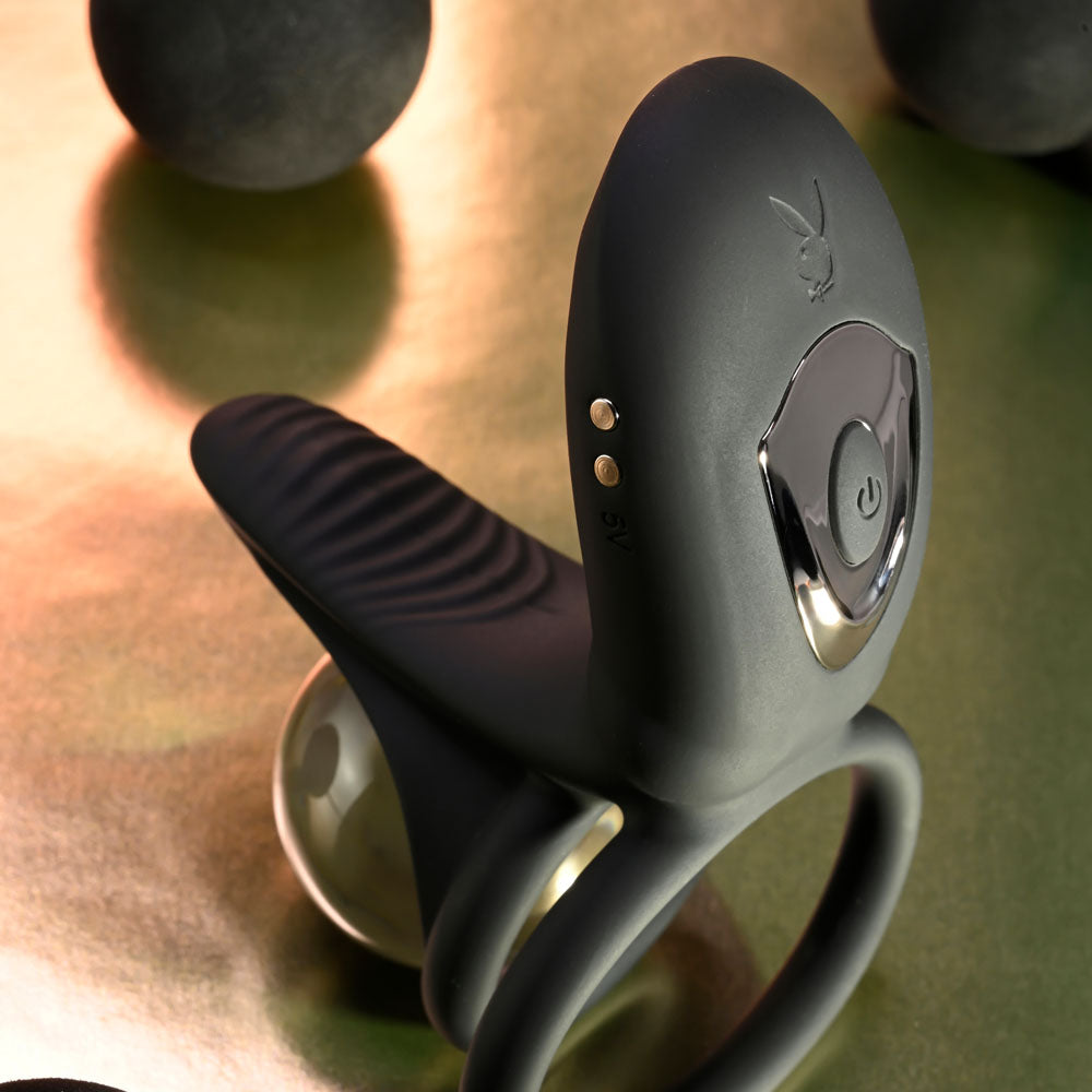 Playboy Pleasure Just Right Black Usb Rechargeable Vibrating Cock & Balls Rings
