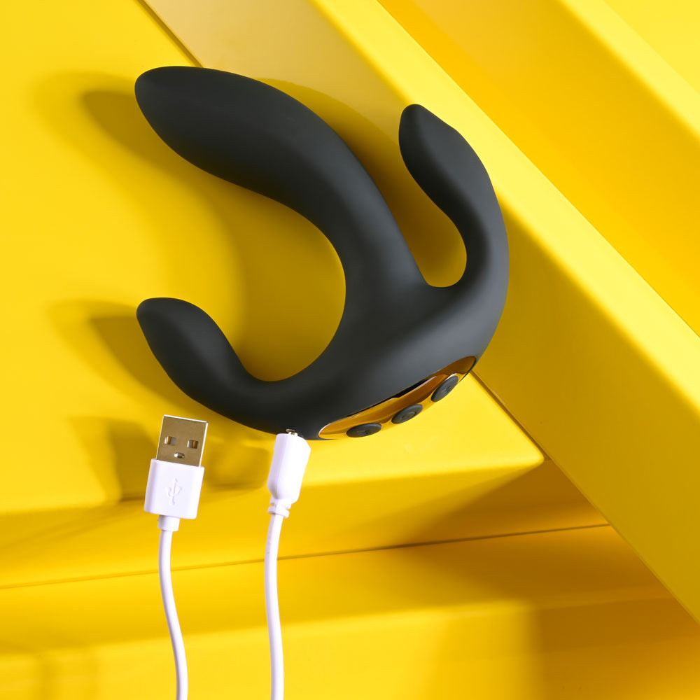 Playboy Pleasure Triple Threat Black Usb Rechargeable Triple Probe Vibrator