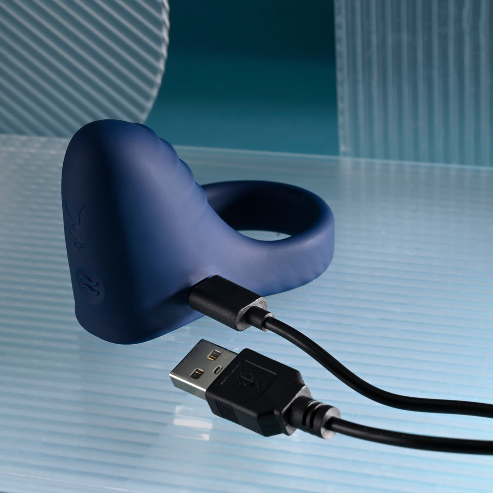 Playboy Pleasure Pleasure Point Blue Usb Rechargeable Vibrating Cock Ring