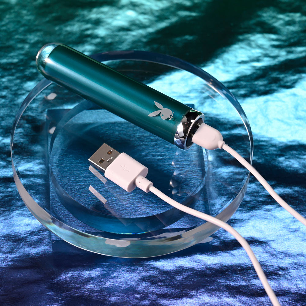 Playboy Pleasure Emerald Blue 9.1 Cm Usb Rechargeable Glass Tipped Bullet
