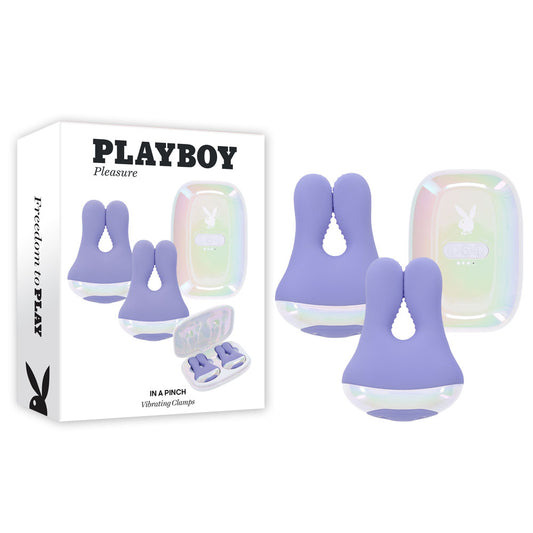 Playboy Pleasure In A Pinch Purple Rechargeable Vibrating Nipple Clamps With Charging Carry Case