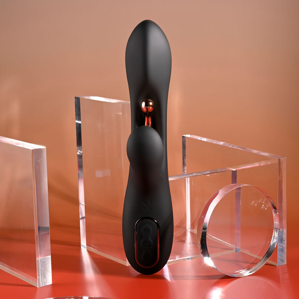 Playboy Pleasure Aureus Black 22.7 Cm Usb Rechargeable Rabbit Vibrator With Internal Flicker