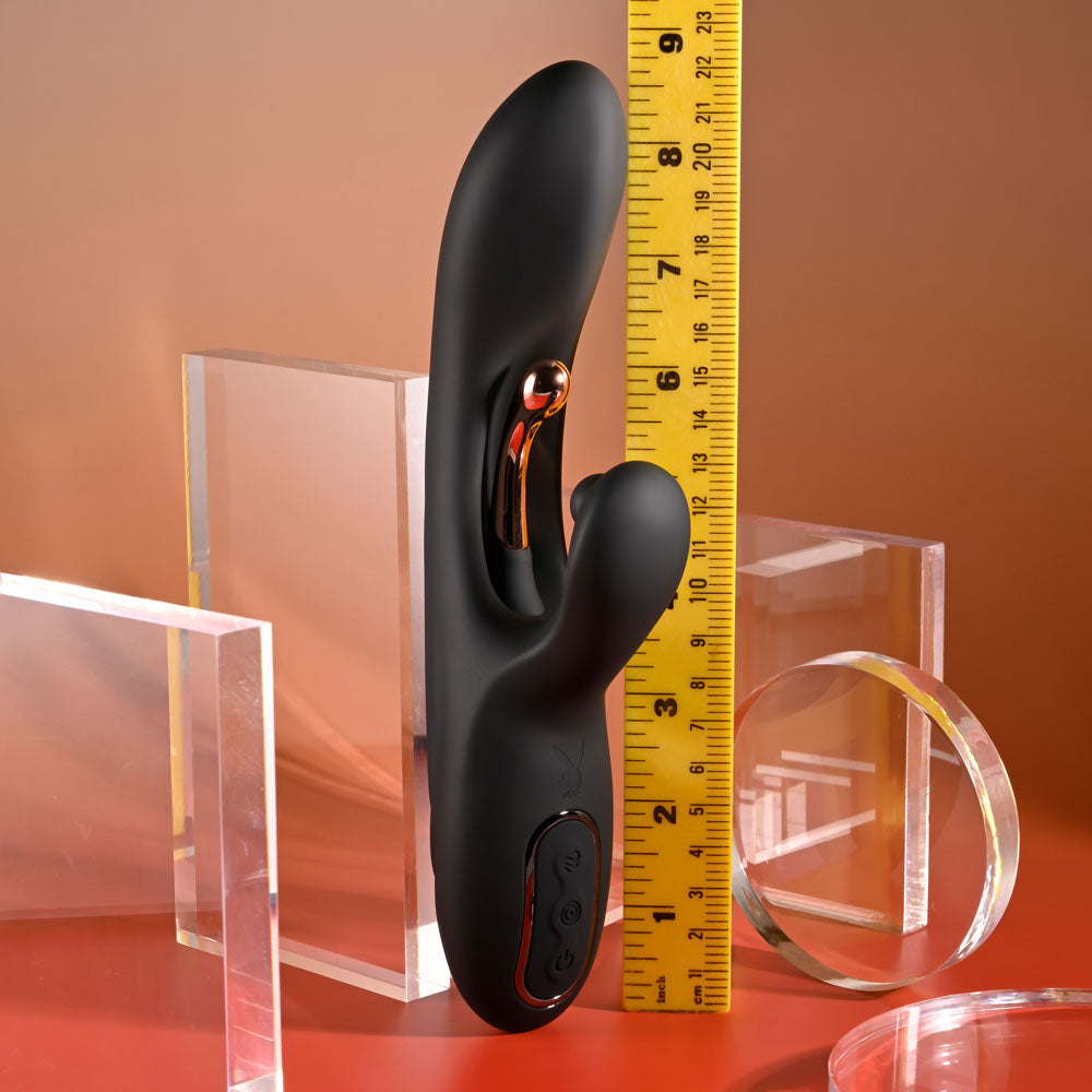 Playboy Pleasure Aureus Black 22.7 Cm Usb Rechargeable Rabbit Vibrator With Internal Flicker